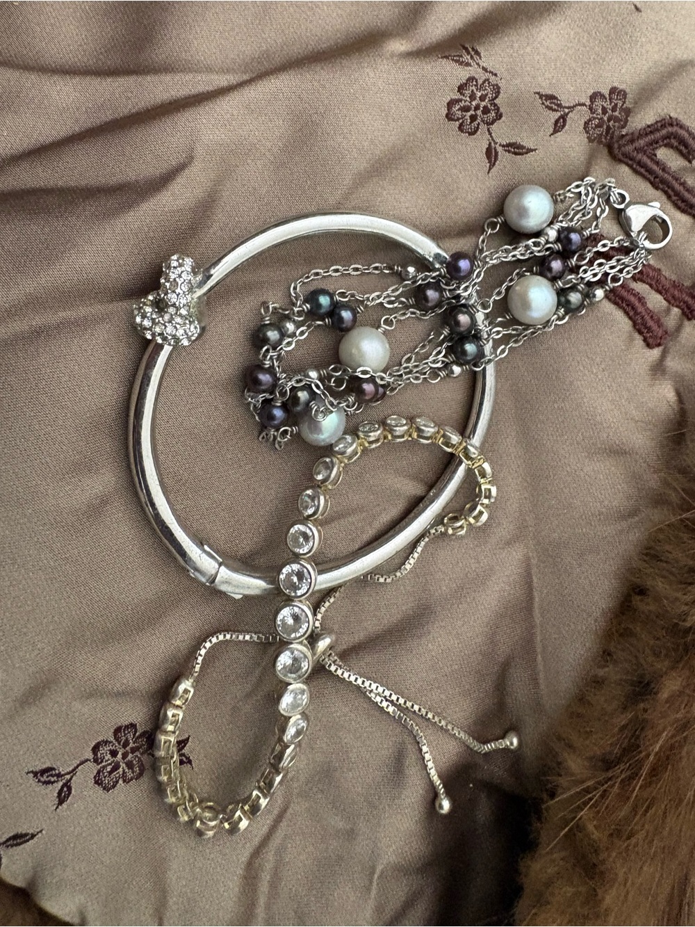 Kate Spade Bangle with Crystal Knot, Drawstring Tennis Bracelet, Pearl Bracelet